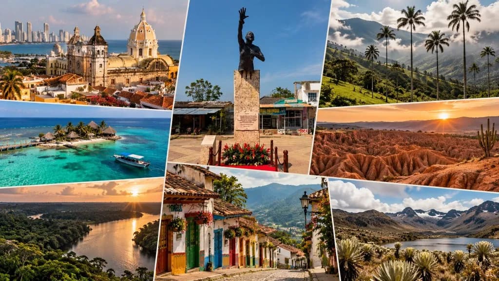 Mosaico de paisajes de Colombia: ciudad en la costa, mar Caribe, estatua de Benkos Biohó, palmas de cera, desierto, río, calle colonial y páramo